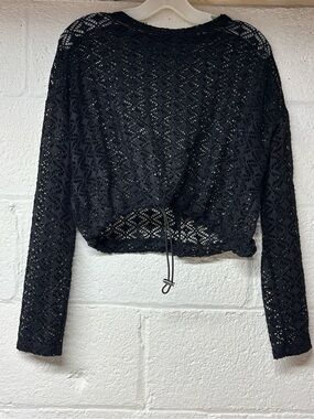 Black Crocheted Drawstring Long-Sleeve Top